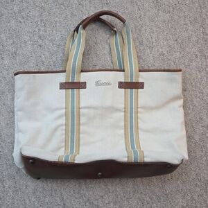 AUTHENTIC Vintage Gucci canvas tote bag with brown leather trim PREOWNED